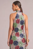 Multi Colors Sparkly Sequins Mermaid High Neck Maxi Formal Dress with Slit