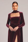 Burgundy Mermaid Square Neck Ruched Long Formal Dress with Slit
