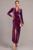 Plum Velvet Sheath V-Neck Ruched Long Formal Dress with Slit