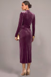 Plum Velvet Sheath V-Neck Ruched Long Formal Dress with Slit