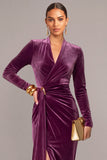 Plum Velvet Sheath V-Neck Ruched Long Formal Dress with Slit