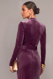 Plum Velvet Sheath V-Neck Ruched Long Formal Dress with Slit