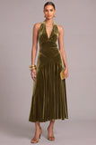 Olive Velvet A-Line Halter Ruched Long Formal Dress