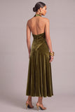 Olive Velvet A-Line Halter Ruched Long Formal Dress
