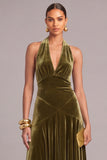 Olive Velvet A-Line Halter Ruched Long Formal Dress