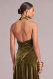 Olive Velvet A-Line Halter Ruched Long Formal Dress