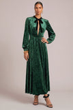 Dark Green Velvet A-Line Round Neck Long Sleeves Formal Dress with Bow