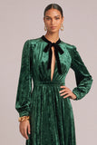 Dark Green Velvet A-Line Round Neck Long Sleeves Formal Dress with Bow