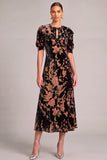 Pink Floral Velvet A-Line V-Neck Puff Sleeves Midi Formal Dress