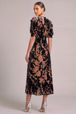Pink Floral Velvet A-Line V-Neck Puff Sleeves Midi Formal Dress