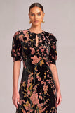 Pink Floral Velvet A-Line V-Neck Puff Sleeves Midi Formal Dress