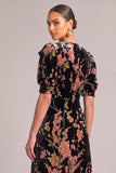 Pink Floral Velvet A-Line V-Neck Puff Sleeves Midi Formal Dress