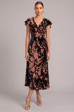 Pink Floral Velvet V-Neck Cap Sleeves Midi Formal Dress