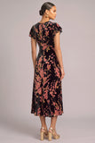 Pink Floral Velvet V-Neck Cap Sleeves Midi Formal Dress