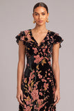 Pink Floral Velvet V-Neck Cap Sleeves Midi Formal Dress