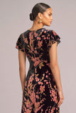 Pink Floral Velvet V-Neck Cap Sleeves Midi Formal Dress
