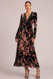 Pink Floral Velvet V-Neck A-Line Maxi Formal Dress with Lace