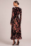 Pink Floral Velvet V-Neck A-Line Maxi Formal Dress with Lace