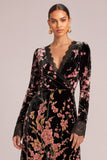 Pink Floral Velvet V-Neck A-Line Maxi Formal Dress with Lace