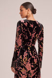 Pink Floral Velvet V-Neck A-Line Maxi Formal Dress with Lace