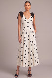White Black Dot A-Line V-Neck Midi Formal Dress with Bow