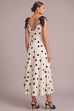 White Black Dot A-Line V-Neck Midi Formal Dress with Bow