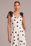 White Black Dot A-Line V-Neck Midi Formal Dress with Bow