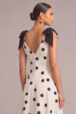 White Black Dot A-Line V-Neck Midi Formal Dress with Bow