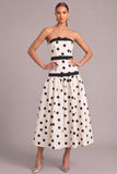 White Black Dot A-Line Strapless Midi Formal Dress with Bow