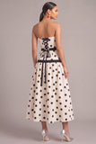 White Black Dot A-Line Strapless Midi Formal Dress with Bow