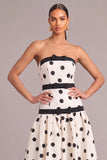 White Black Dot A-Line Strapless Midi Formal Dress with Bow