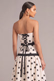 White Black Dot A-Line Strapless Midi Formal Dress with Bow