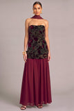 Burgundy Floral A-Line Strapless Maxi Formal Dress with Neck Scarf