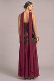 Burgundy Floral A-Line Strapless Maxi Formal Dress with Neck Scarf