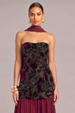 Burgundy Floral A-Line Strapless Maxi Formal Dress with Neck Scarf