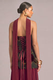 Burgundy Floral A-Line Strapless Maxi Formal Dress with Neck Scarf