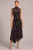 Black Floral Velvet High Neck Ruched Midi Formal Dress