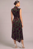 Black Floral Velvet High Neck Ruched Midi Formal Dress