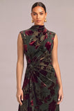 Black Floral Velvet High Neck Ruched Midi Formal Dress