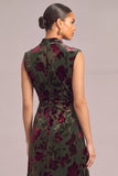 Black Floral Velvet High Neck Ruched Midi Formal Dress