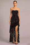 Black Floral Strapless Asymmetrical Formal Dress with Ruffles