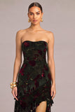 Black Floral Strapless Asymmetrical Formal Dress with Ruffles