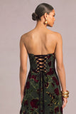 Black Floral Strapless Asymmetrical Formal Dress with Ruffles