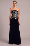 Black A-Line Strapless Floral Embroidered Maxi Lace Up Formal Dress