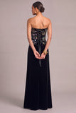 Black A-Line Strapless Floral Embroidered Maxi Lace Up Formal Dress