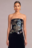 Black A-Line Strapless Floral Embroidered Maxi Lace Up Formal Dress