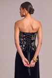 Black A-Line Strapless Floral Embroidered Maxi Lace Up Formal Dress