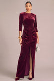 Burgundy Sheath Round Neck Ruched Long Formal Dress with Slit