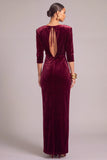 Burgundy Sheath Round Neck Ruched Long Formal Dress with Slit