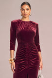 Burgundy Sheath Round Neck Ruched Long Formal Dress with Slit